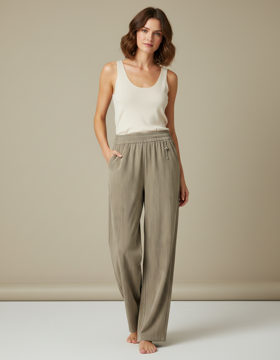 Pantalon Beige Fluide Ample Taille Élastique Confortable - Kaki Viscose