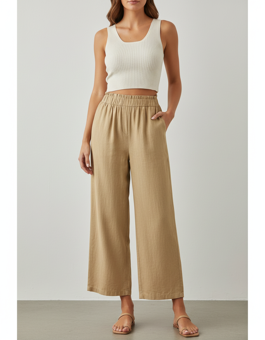 Pantalon Beige Coton Lin Ample Élastique Confort