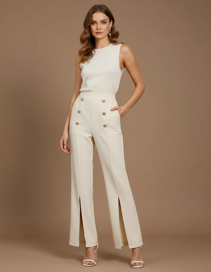 Pantalon Beige Taille Haute Boutons Dorés Fentes - Polyester