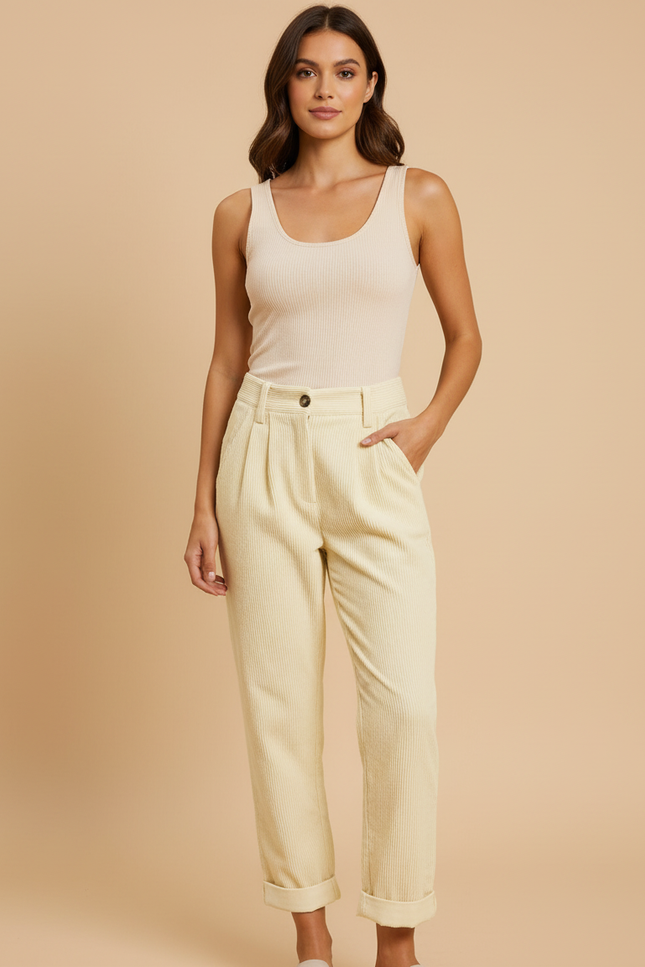 Pantalon Beige Côtelé Ample Décontracté Taille Haute - Jaune Cordé