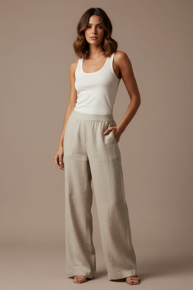 Pantalon Beige Large Fluide Lin Confortable Femme