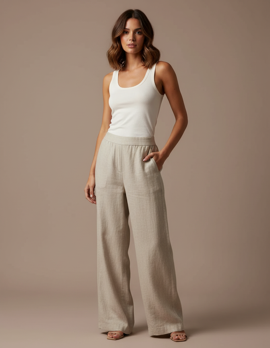 Pantalon Beige Large Fluide Lin Confortable Femme