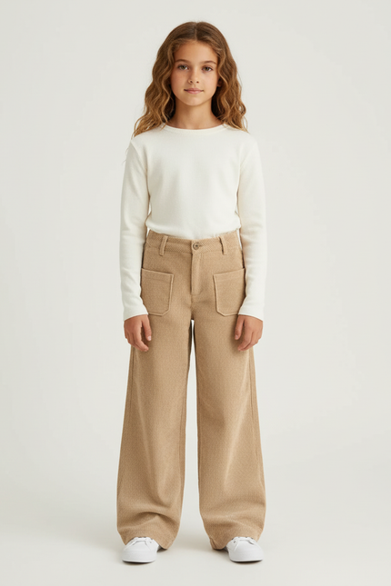 Pantalon Beige Côtelé Ample Décontracté Enfant Poches - Cordé