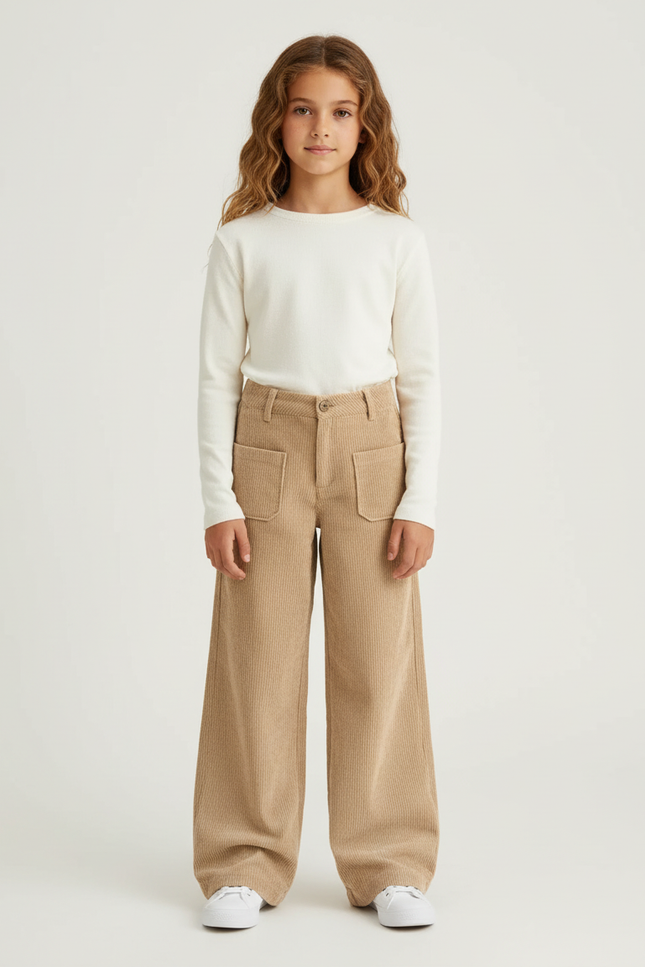 Pantalon Beige Côtelé Ample Décontracté Enfant Poches - Cordé
