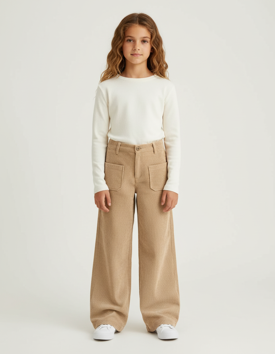 Pantalon Beige Côtelé Ample Décontracté Enfant Poches - Cordé