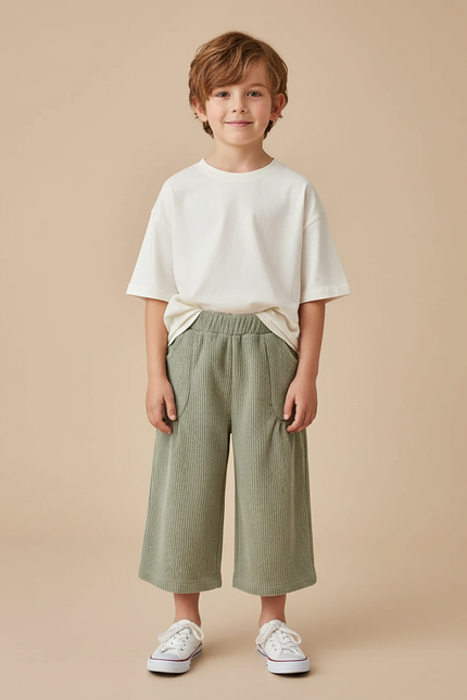 Pantalon Beige Côtelé Ample Enfant Décontracté Vert - Cordé