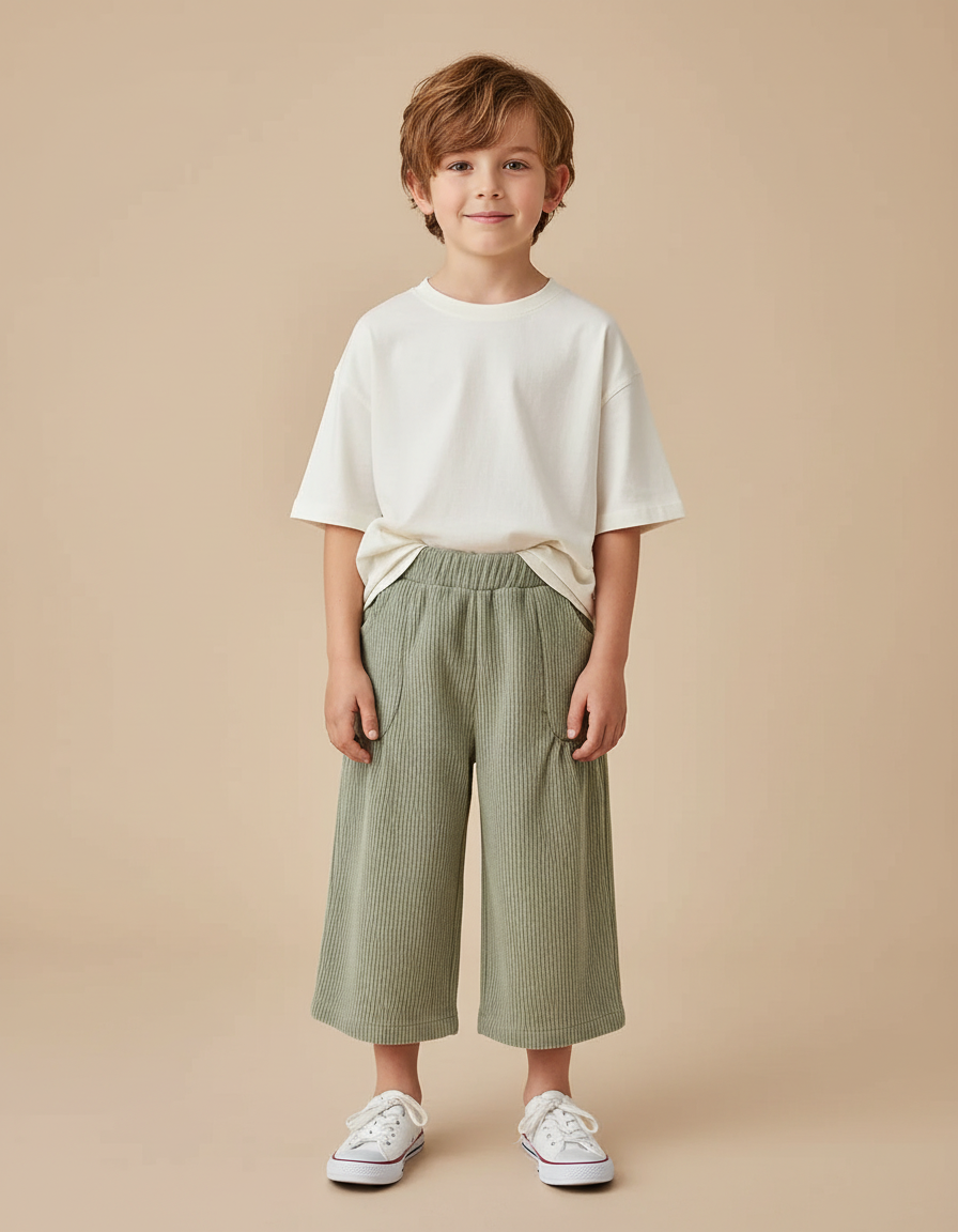 Pantalon Beige Côtelé Ample Enfant Décontracté Vert - Cordé