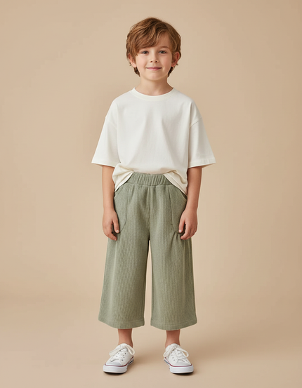 Pantalon Beige Côtelé Ample Enfant Décontracté Vert - Cordé