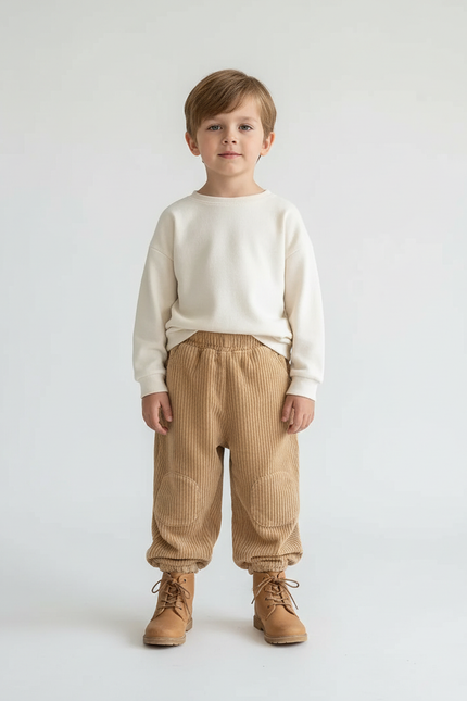 Pantalon Beige Côtelé Ample Enfant Élastique - Camel Cordé