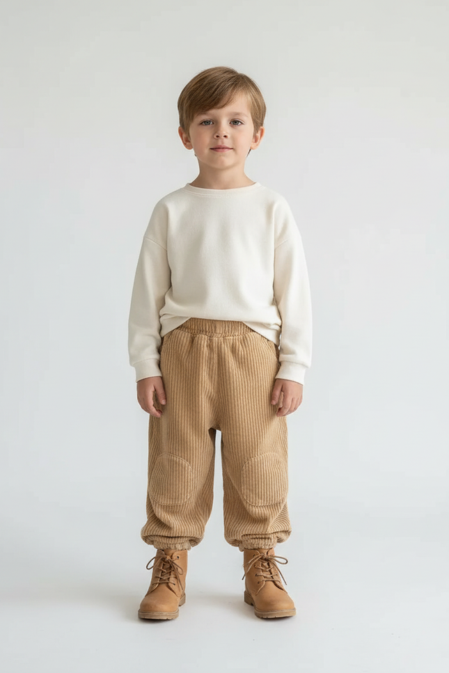 Pantalon Beige Côtelé Ample Enfant Élastique - Camel Cordé