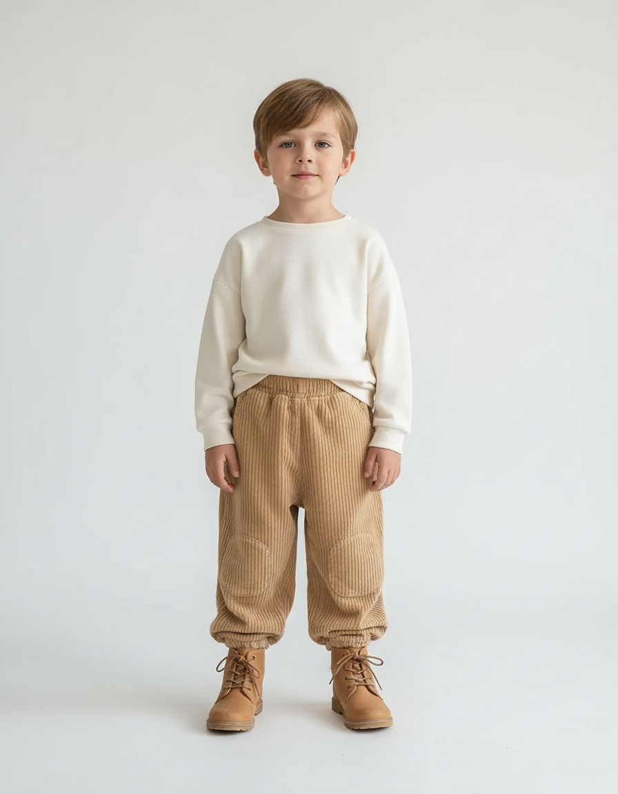 Pantalon Beige Côtelé Ample Enfant Élastique - Camel Cordé