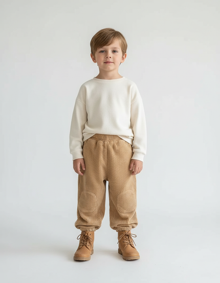 Pantalon Beige Côtelé Ample Enfant Élastique - Camel Cordé
