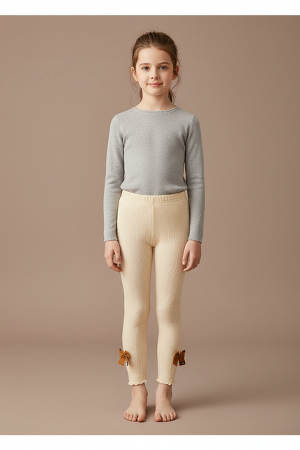 Pantalon Beige Côtelé Nœuds Fille Confortable - Cordé