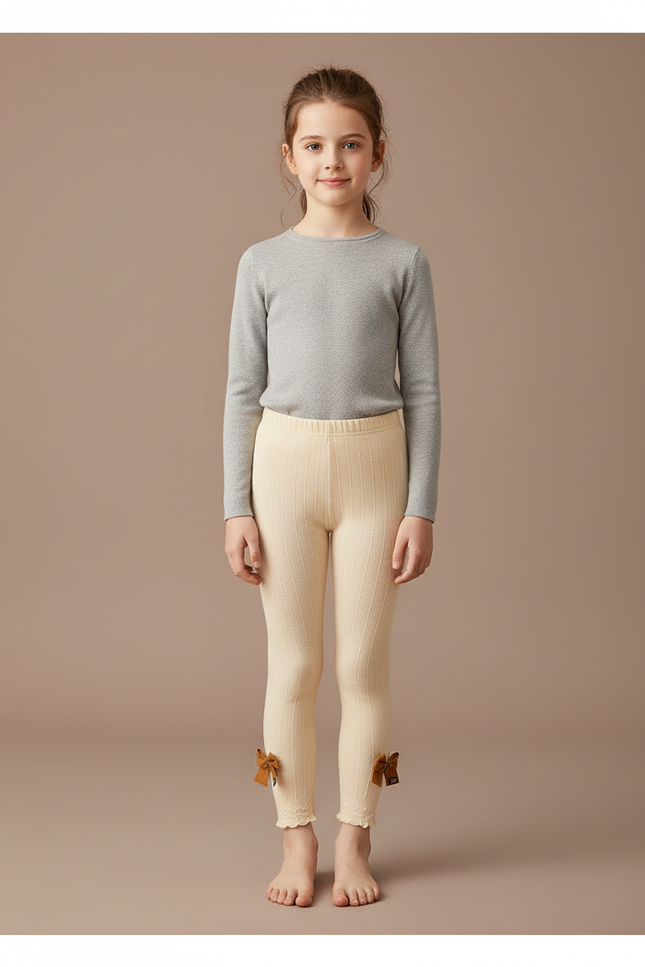 Pantalon Beige Côtelé Nœuds Fille Confortable - Cordé