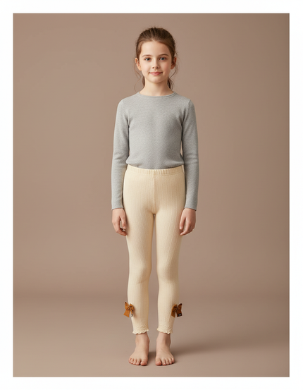Pantalon Beige Côtelé Nœuds Fille Confortable - Cordé