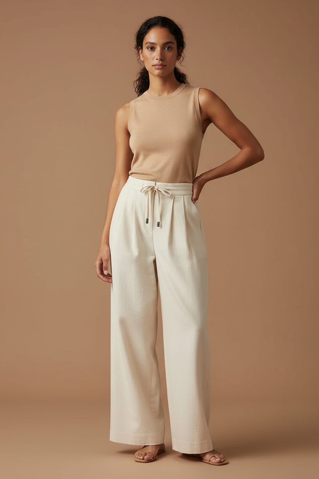 Pantalon Beige Ample Fluide Cordon Décontracté Femme - Toile