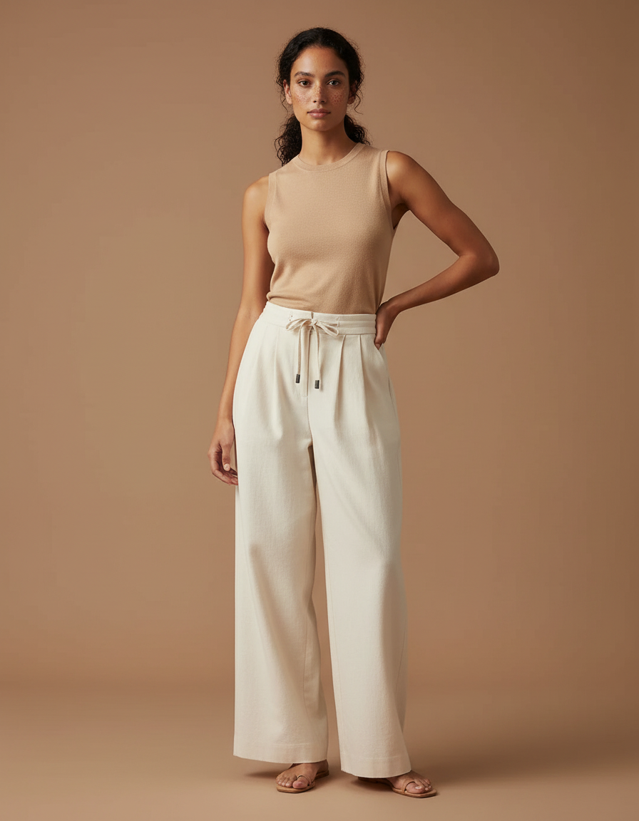 Pantalon Beige Ample Fluide Cordon Décontracté Femme - Toile