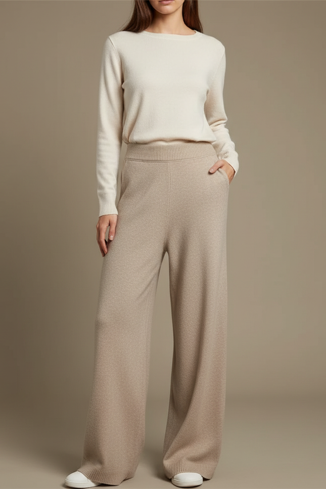 Pantalon Beige Ample Tricoté Doux Confortable Élégant - Maille