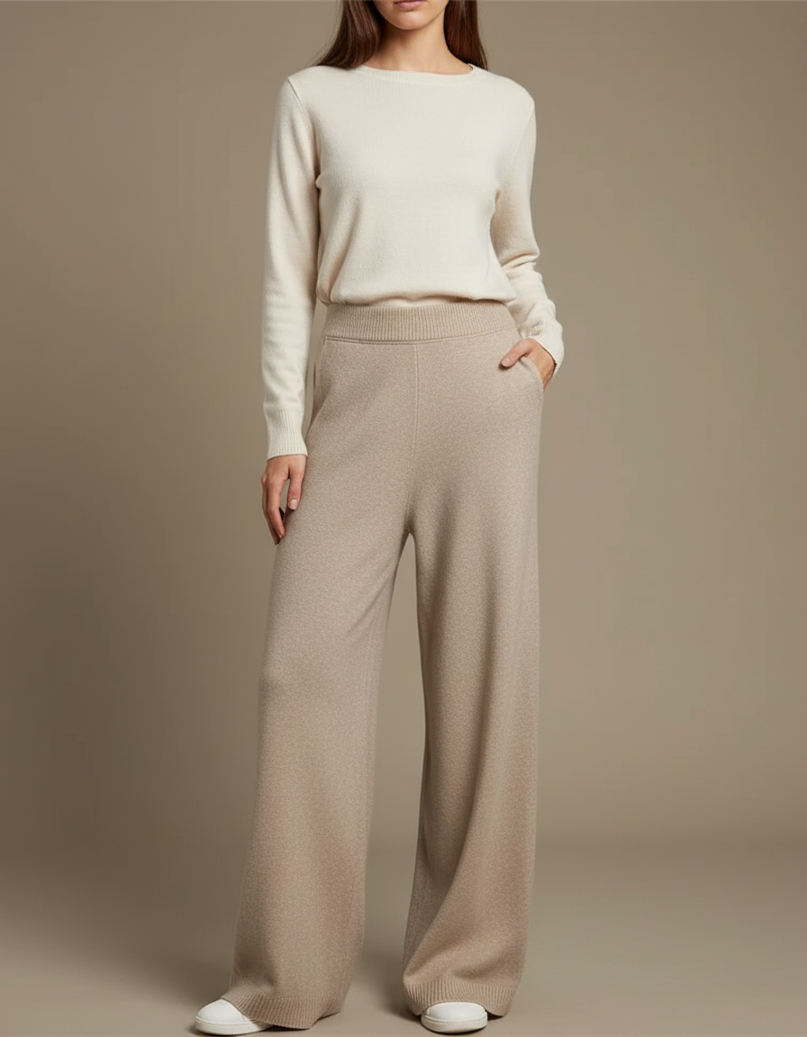 Pantalon Beige Ample Tricoté Doux Confortable Élégant - Maille