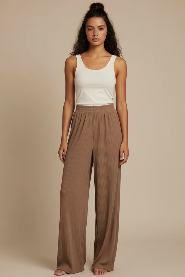 Pantalon Beige Côtelé Ample Fluide Décontracté Femme - Marron Cordé