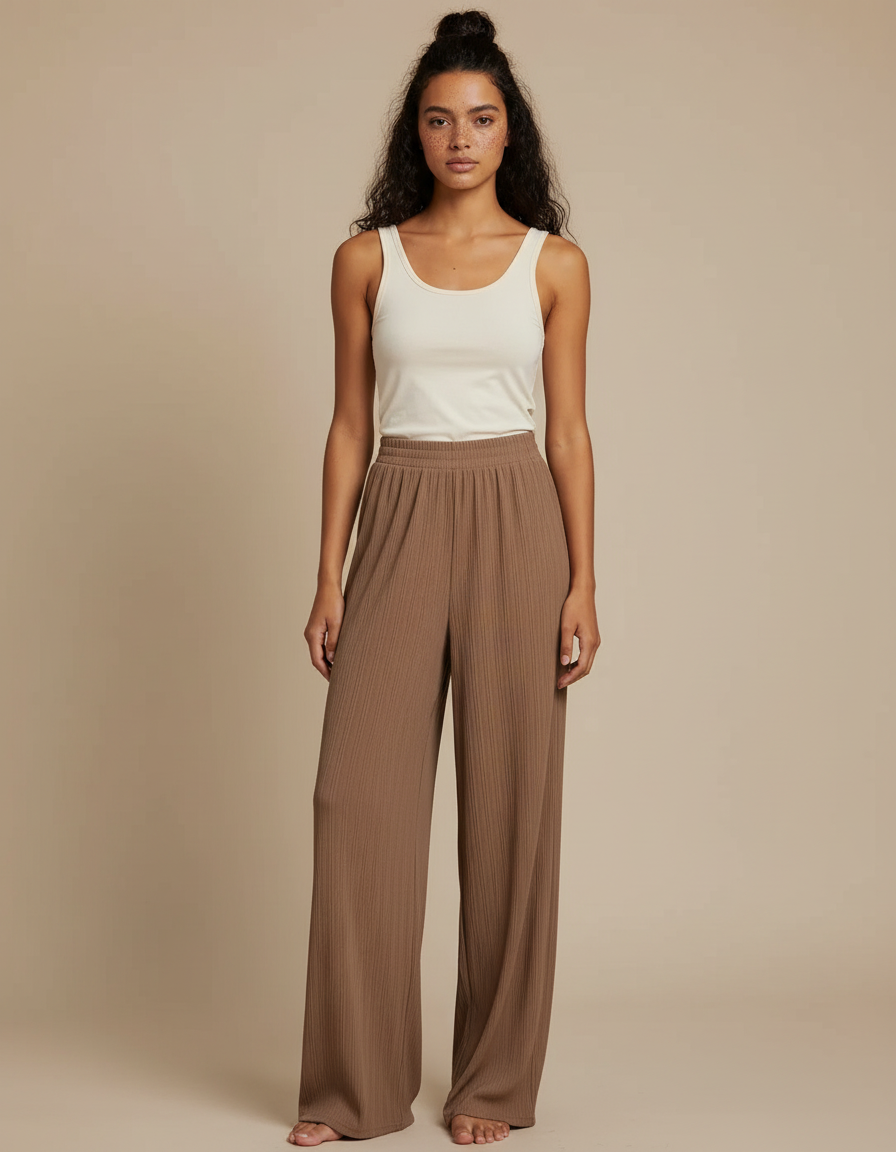 Pantalon Beige Côtelé Ample Fluide Décontracté Femme - Marron Cordé