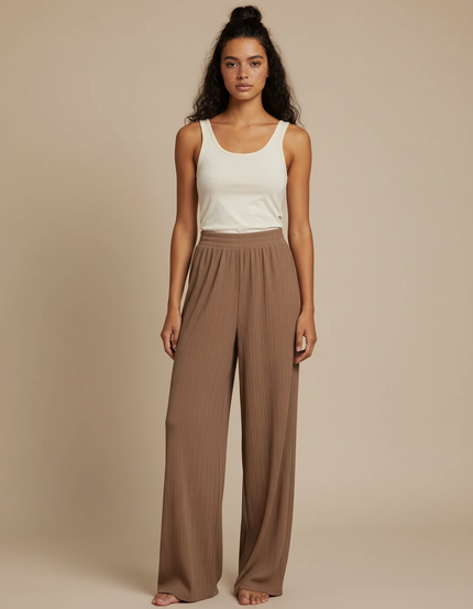 Pantalon Beige Côtelé Ample Fluide Décontracté Femme - Marron Cordé