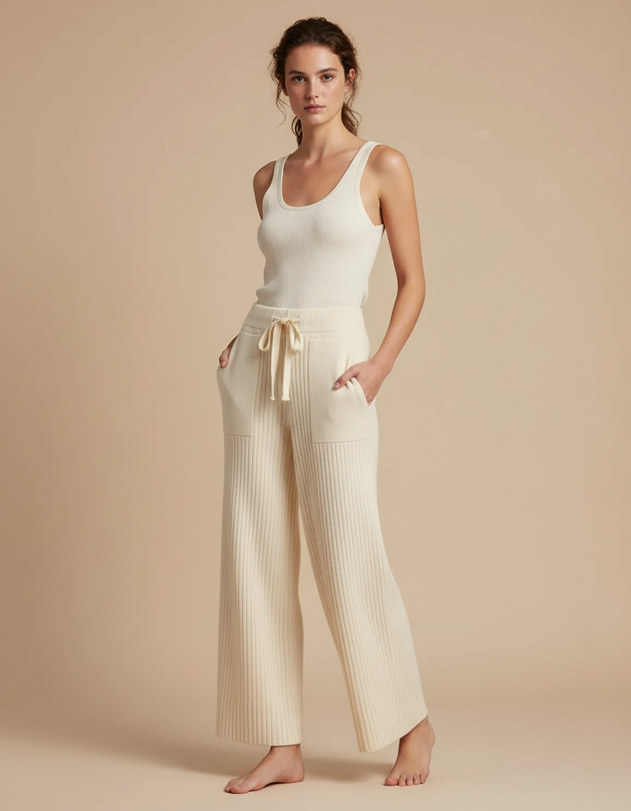 Pantalon Beige Tricoté Côtelé Ample Décontracté Fluide - Maille