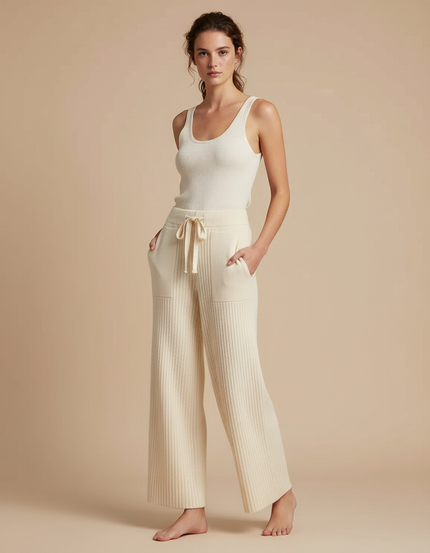 Pantalon Beige Tricoté Côtelé Ample Décontracté Fluide - Maille