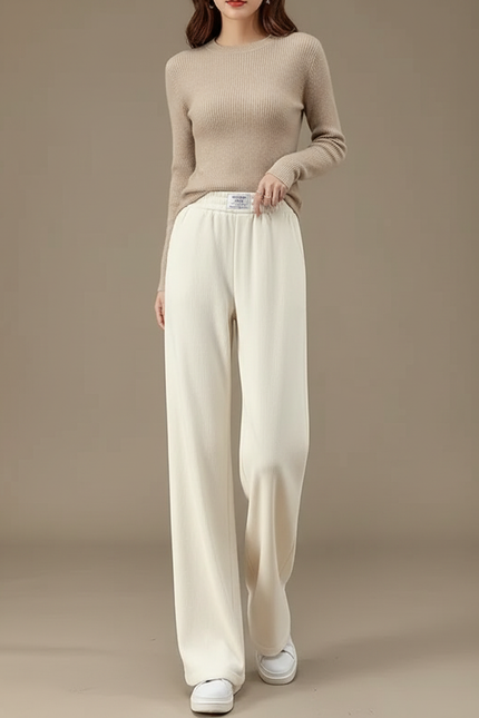 Pantalon Beige Large Chaud Taille Haute Décontracté - Molleton