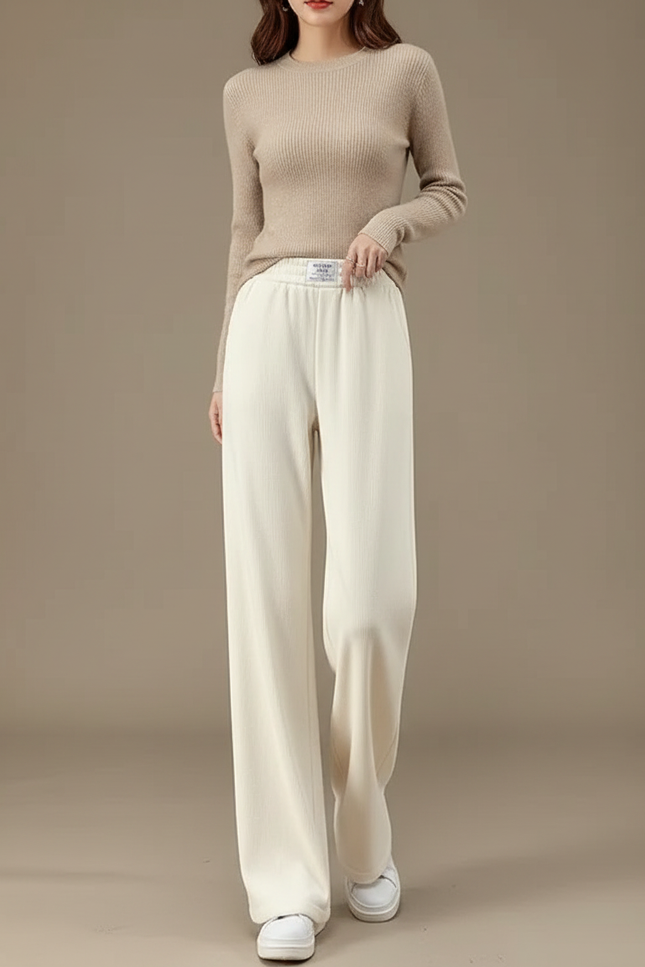 Pantalon Beige Large Chaud Taille Haute Décontracté - Molleton