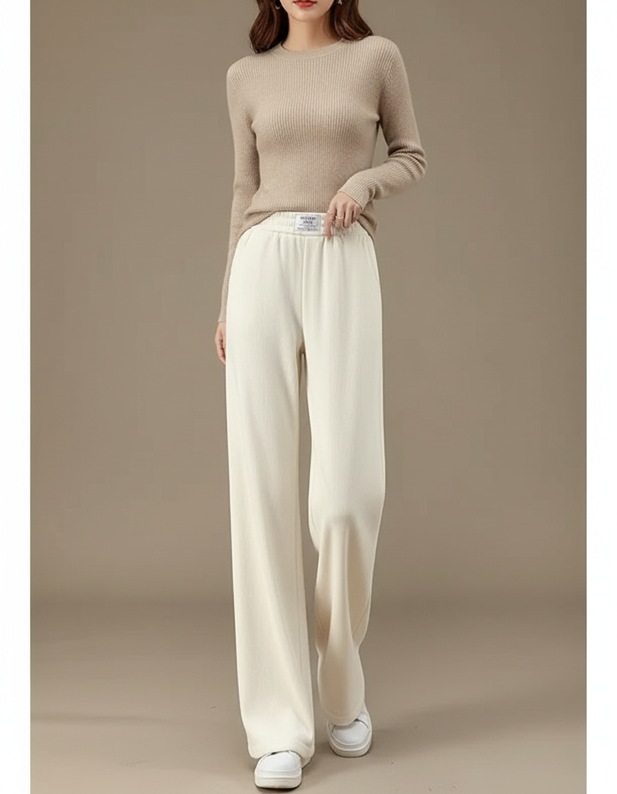 Pantalon Beige Large Chaud Taille Haute Décontracté - Molleton