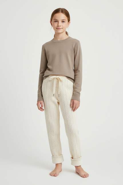 Pantalon Beige Tricoté Torsadé Doux Enfant Hiver - Maille