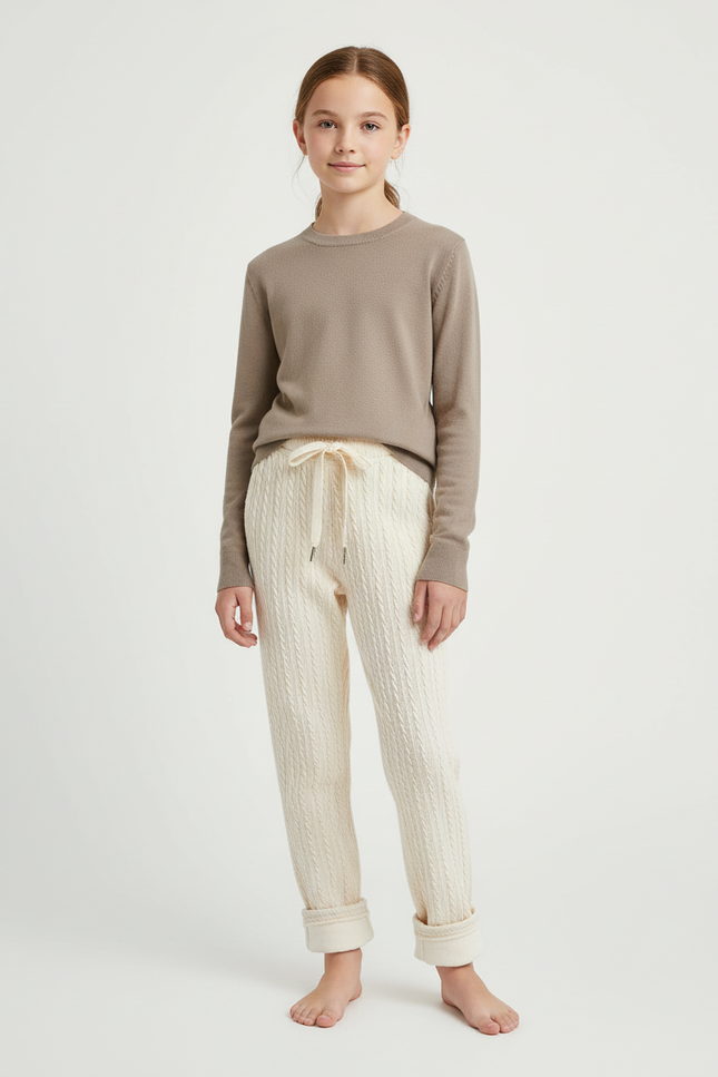 Pantalon Beige Tricoté Torsadé Doux Enfant Hiver - Maille