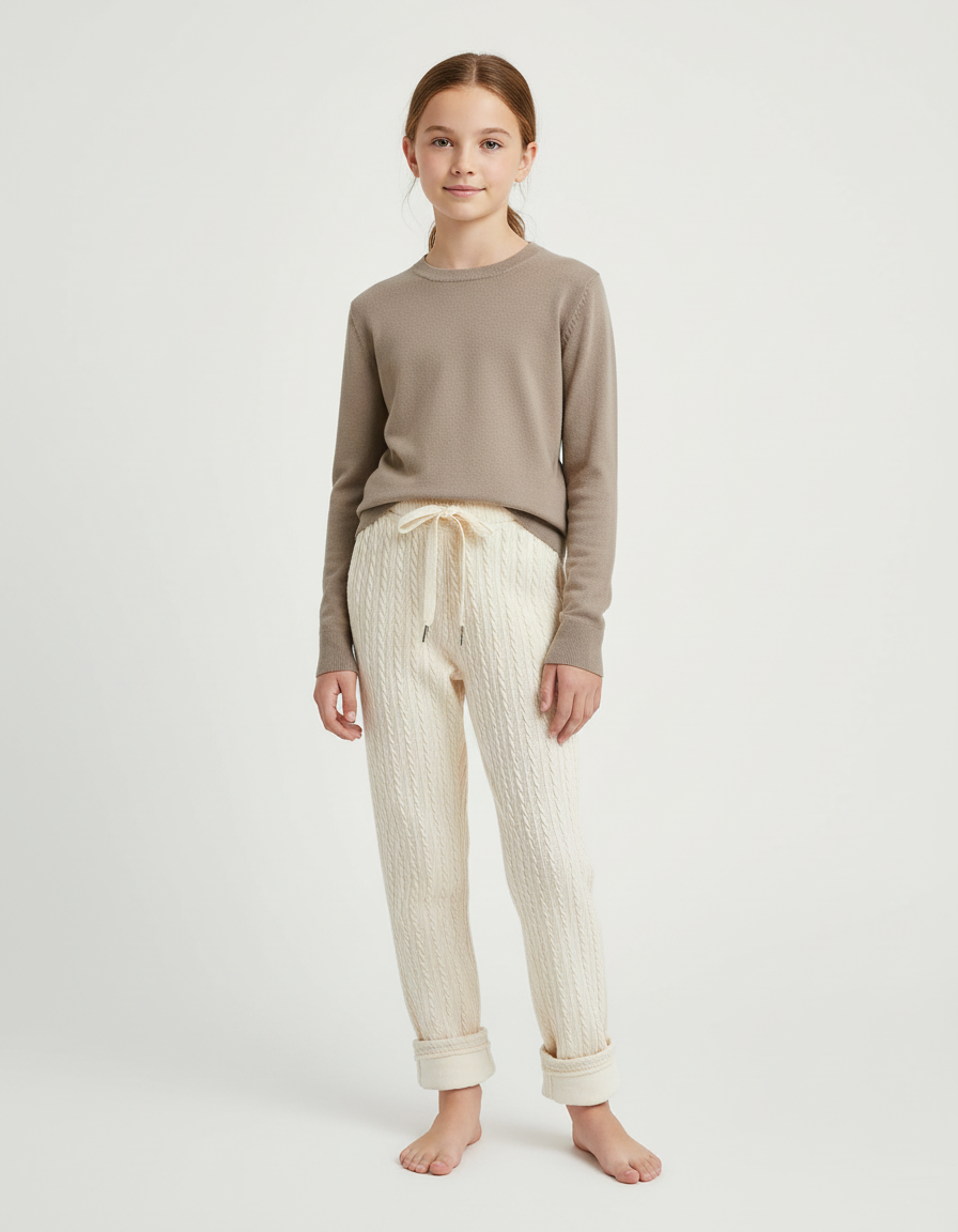 Pantalon Beige Tricoté Torsadé Doux Enfant Hiver - Maille