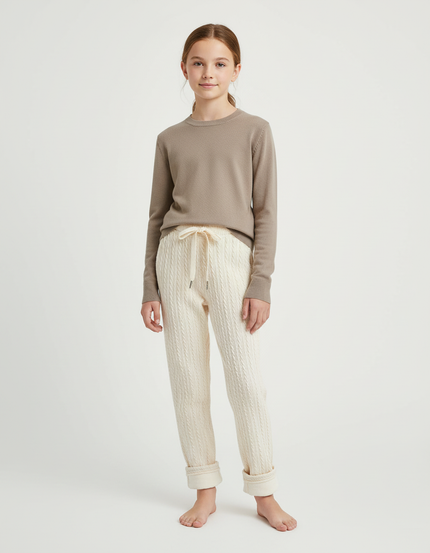 Pantalon Beige Tricoté Torsadé Doux Enfant Hiver - Maille