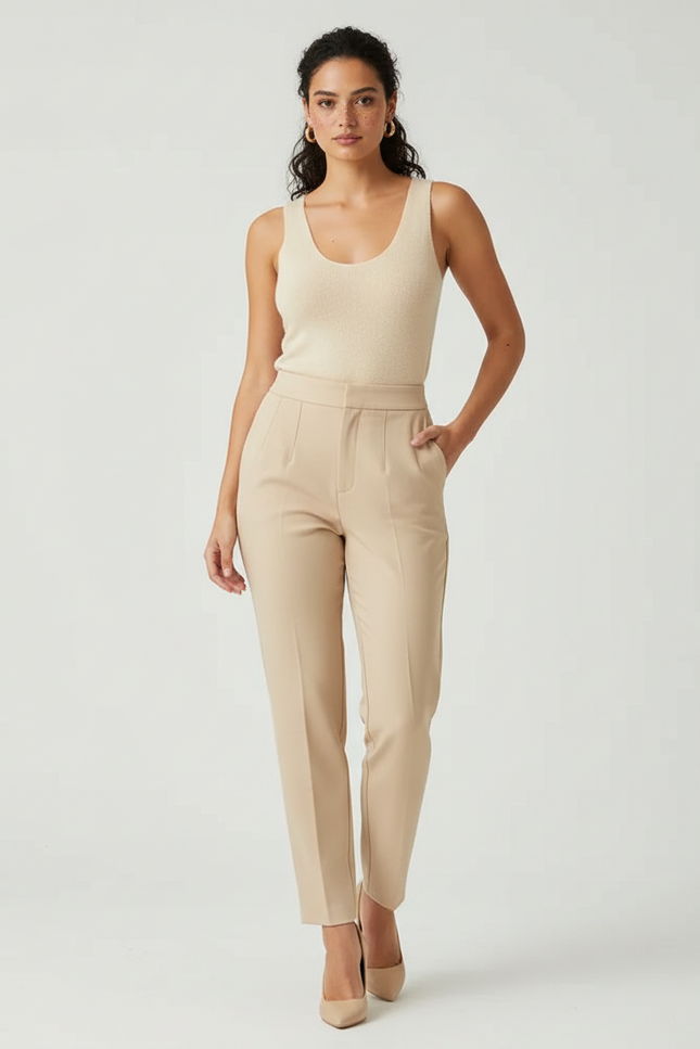 Pantalon Beige Taille Haute Slim Élégant Femme - Gabardine