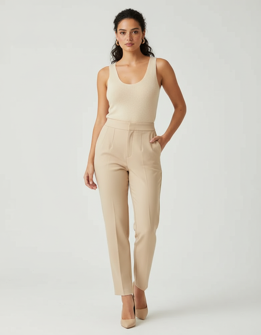 Pantalon Beige Taille Haute Slim Élégant Femme - Gabardine