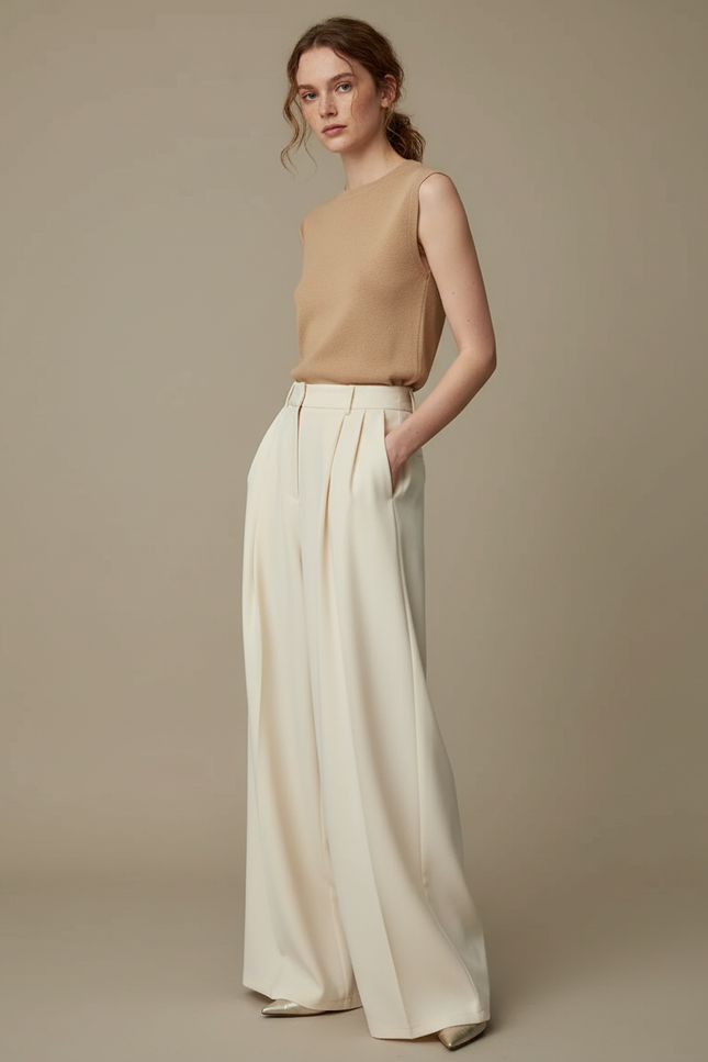 Pantalon Beige Large Plissé Fluide Élégant Femme - Viscose