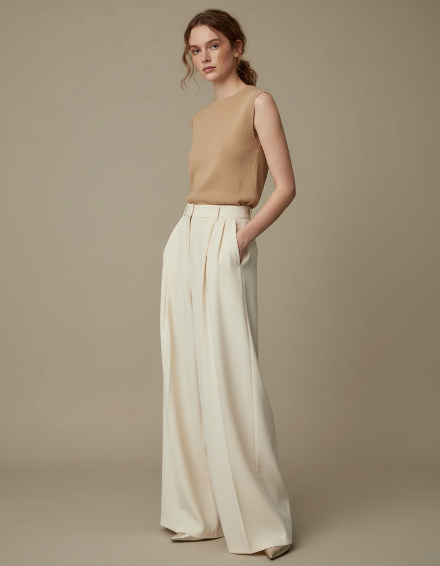Pantalon Beige Large Plissé Fluide Élégant Femme - Viscose