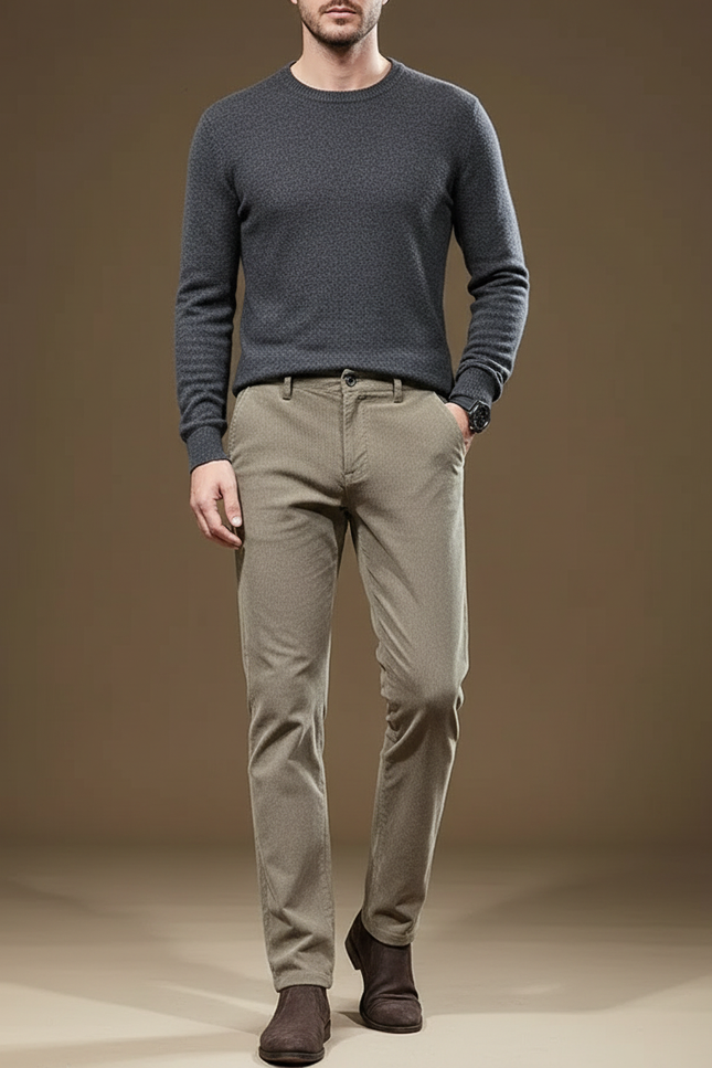 Pantalon Beige Homme Slim Motif Discret Hiver Élégant - Kaki Tweed