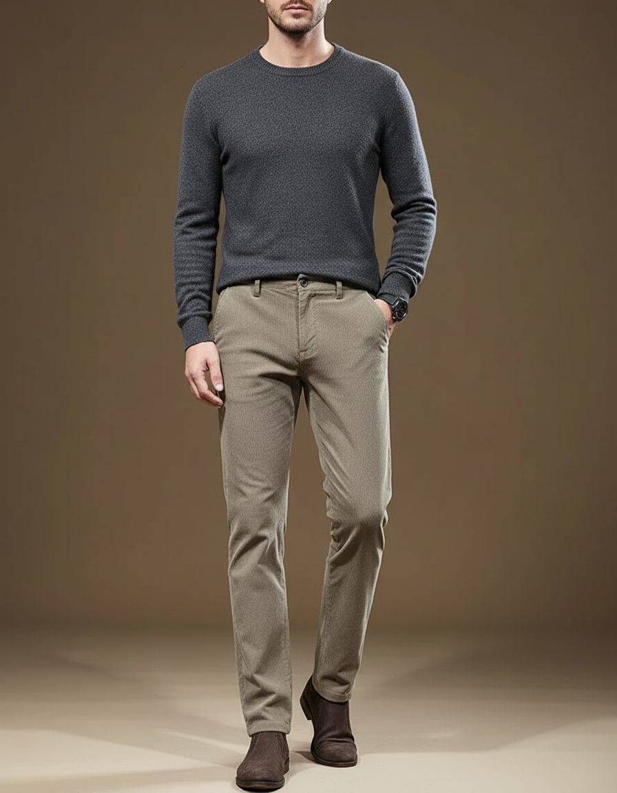 Pantalon Beige Homme Slim Motif Discret Hiver Élégant - Kaki Tweed