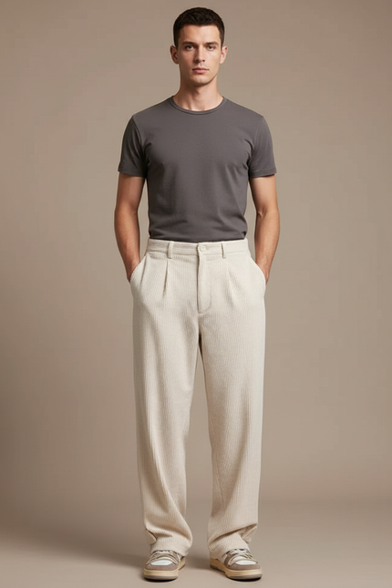 Pantalon Beige Côtelé Plissé Ample Homme Décontracté - Cordé
