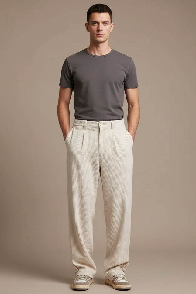 Pantalon Beige Côtelé Plissé Ample Homme Décontracté - Cordé