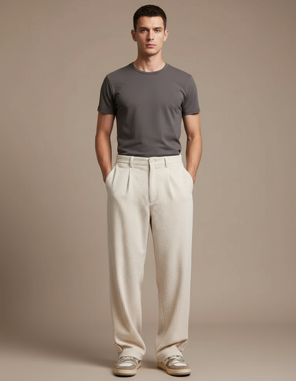Pantalon Beige Côtelé Plissé Ample Homme Décontracté - Cordé