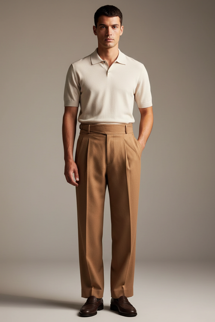 Pantalon Beige Plissé Élégant Homme Laine Droit - Camel