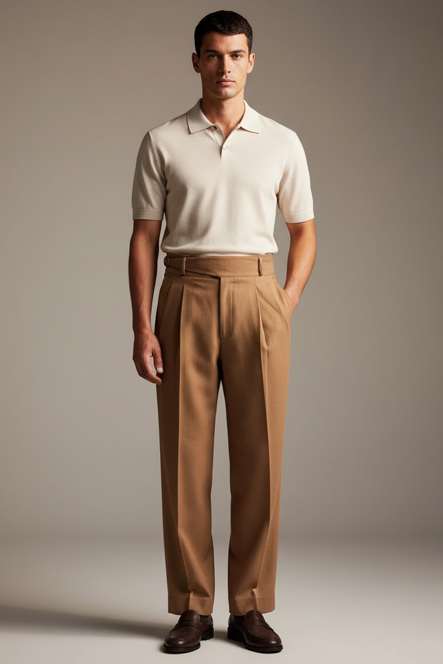Pantalon Beige Plissé Élégant Homme Laine Droit - Camel