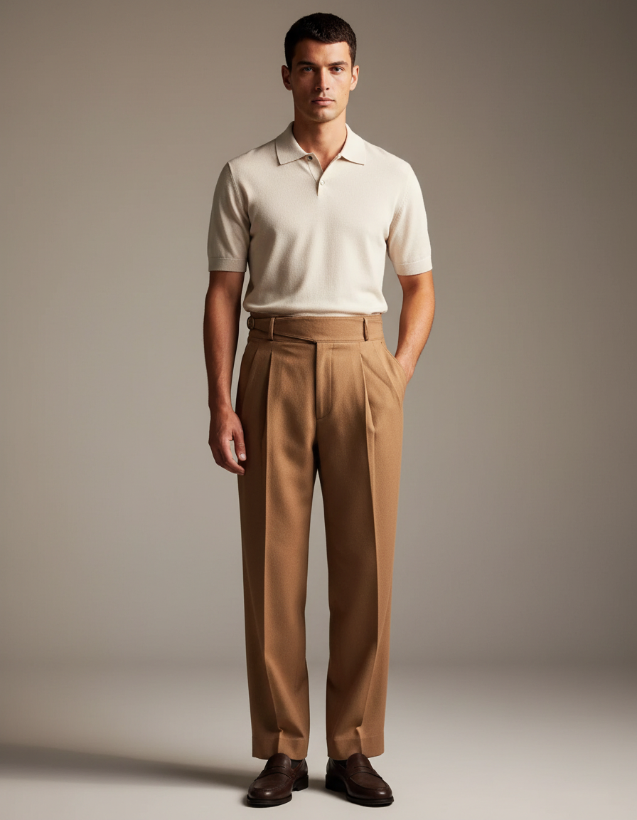 Pantalon Beige Plissé Élégant Homme Laine Droit - Camel