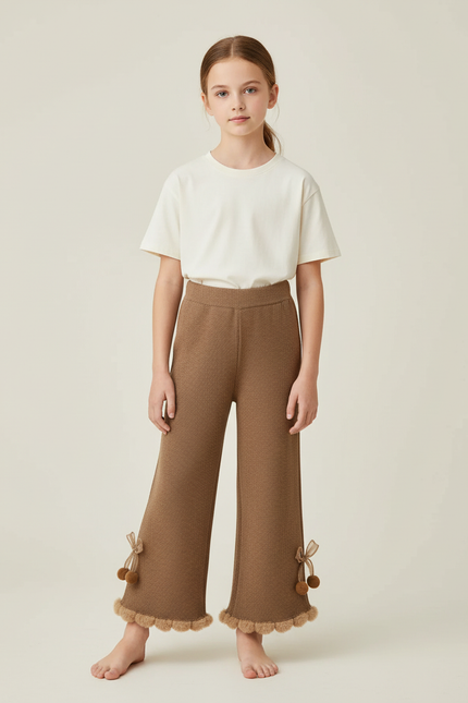 Pantalon Beige Tricoté Évasé Pompons Enfant Fille Doux - Maille