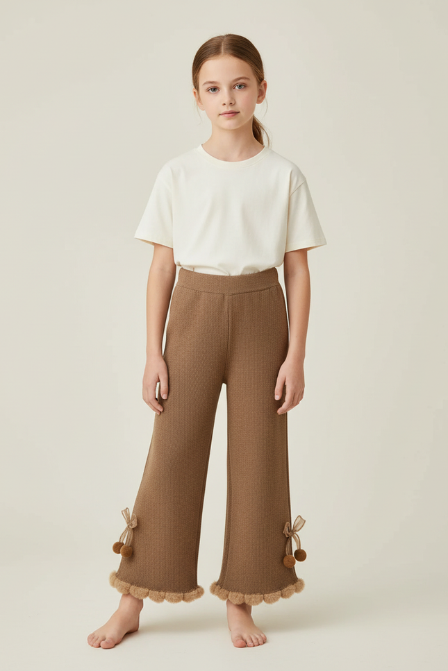 Pantalon Beige Tricoté Évasé Pompons Enfant Fille Doux - Maille