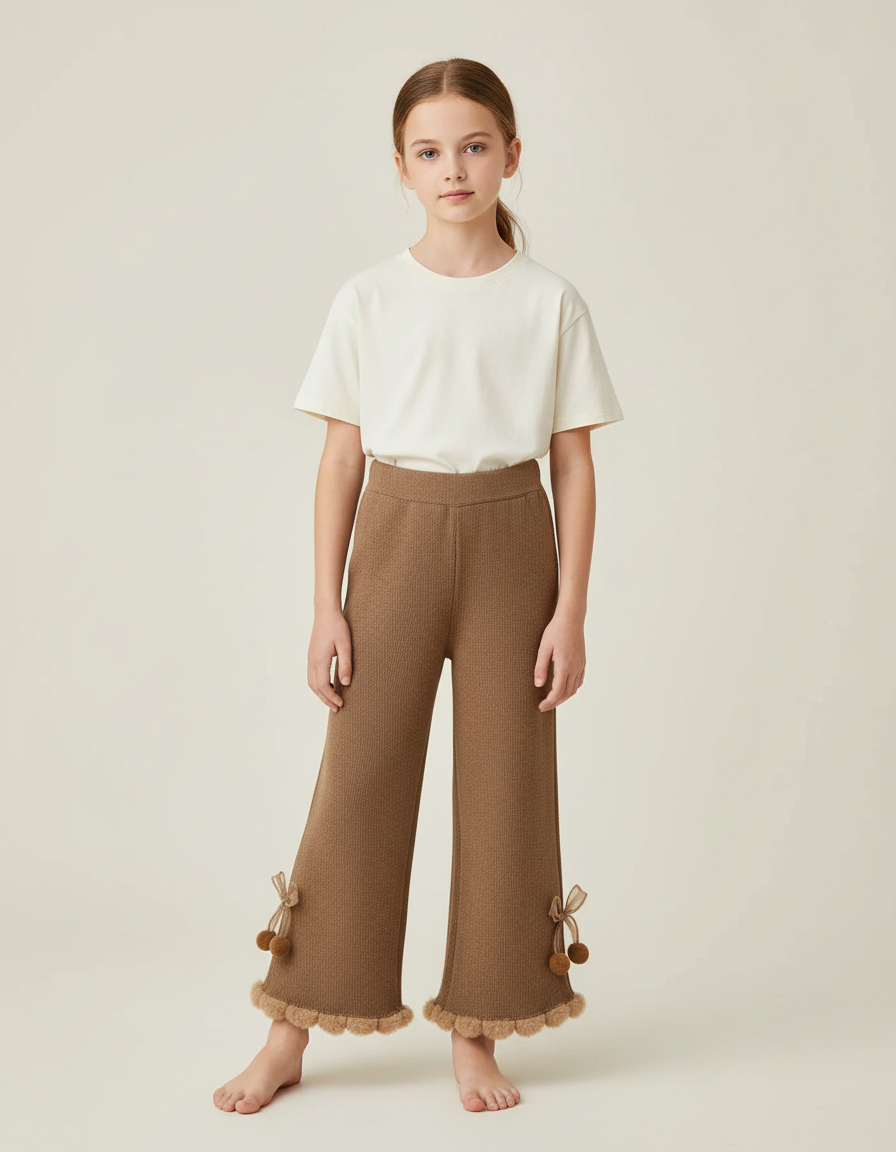 Pantalon Beige Tricoté Évasé Pompons Enfant Fille Doux - Maille